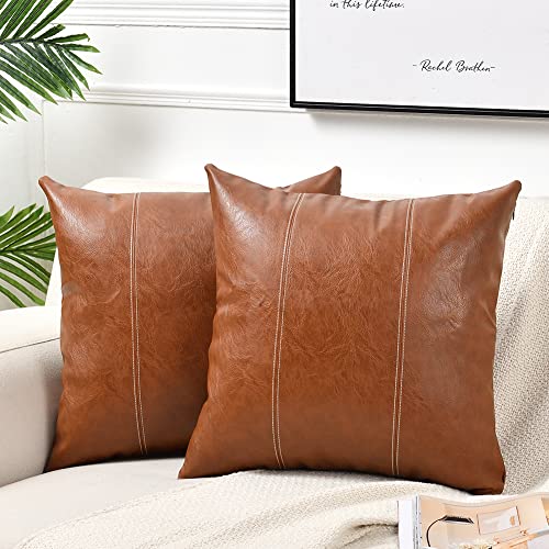 Fancy Homi 2 Packs Hand Stitched Faux Leather Decorative Throw Pillow Covers 20x20 Inch for Living Room Couch Bed, Brown Accent Square Cushion Case 50x50 cm, Rustic Modern Farmhouse Boho Home Decor - color: Brown, size: 20" x 20" (Pack of 2)