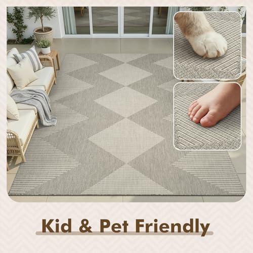 MontVoo-Outdoor Rug Carpet Patio Rug 9x12 Polypropylene Indoor Outdoor Rugs for Patio Deck Balcony Porch, Textured Weave, Durable for High Traffic, Fade-Resistant, Boho Geometric Silver Grey - color: Grey Ivory, size: 9' x 12' (Rectangular)