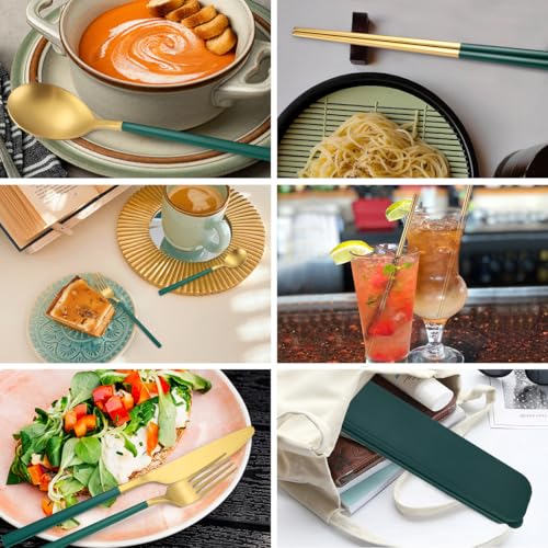 AARAINBOW 6 Pieces Stainless Steel Flatware Set Portable Reusable Cutlery Set Travel Utensils Set Including Chopsticks Knife Fork Spoon Straws Cleaning Brush Dishwasher Safe (B-Green golden) - color: B-Green golden