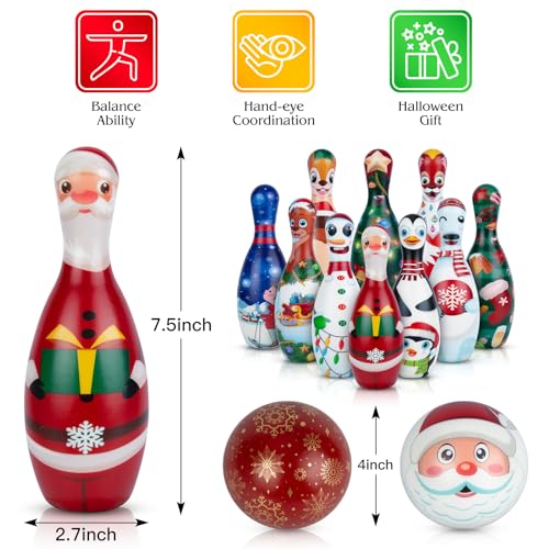 Christmas Bowling Set for Kids Toddler Party Supplies, Christmas Bowling Game for Kids Bowling Pins Bowling Balls for Family Indoor Outdoor Party Games Kids Party Decor, Winter Holiday Games for Kids