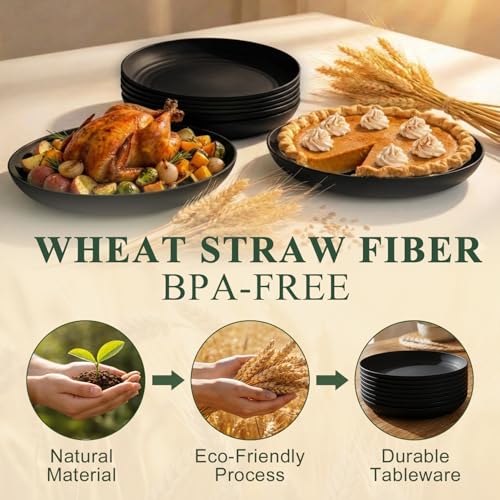 Dinner Plates Set 11 Inch, Unbreakable Wheat Straw Plates 8 PCS, Alternatives to Plastic Plates Rusable, Microwave Safe Camping Plates for Breakfast, Lunch, Dinner - Black - color: Black, size: 11 Inch