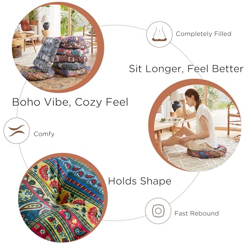 Codi Meditation Floor Pillow, Boho Pillows Seating for Adults and Kids, Large Cushion for Yoga Living Room Tatami Sitting, Memory Foam Added, 22x22 Inch Pack of 2, Round - Multi Blaidiere - color: Round | Multi Blue and Red, size: 2 Count (Pack of 1)