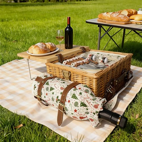 Wicker Picnic Basket Kit Set for 2 Adults with Blanket and Folding Wine Table,Multifunctional Picnic Set Insulated Portable Storage Capacity Full Tablewares,Camping,Outdoor,Wedding Gifts,Beach - color: Steaming Color2