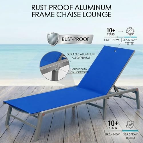 Kozyard Outdoor Foldable Lounge Chair, Aluminum Frame Patio Lounger with 5-Position Adjustable Backrest, Breathable Textilene Fabric, Assemble-Free, Reclining Full-Flat Poolside(Blue) - color: Blue