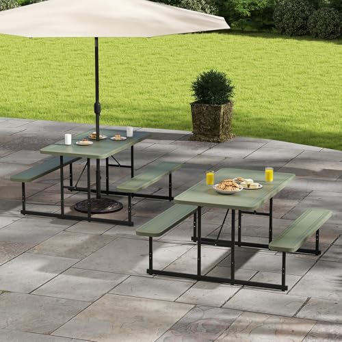 LDAILY Picnic Tables with Benches, Rectangular Dining Table Set for Outside 4 People, HDPE Tabletop, Metal Frame, Umbrella Hole, Heavy Duty Picnic Table for Outdoors, Patio, Lawn, Commercial (Green) - color: Green