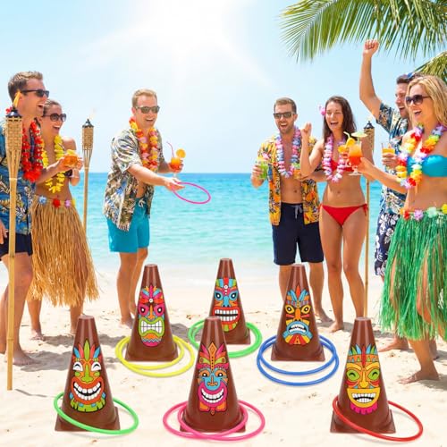Jenaai 26 Pcs Luau Party Favors Luau Tiki Pool Ring Toss Game Limbo 6 Plastic Cones Hawaiian 20 Toss Rings for Indoor Outdoor Summer Tropical Pool Beach Party Supplie