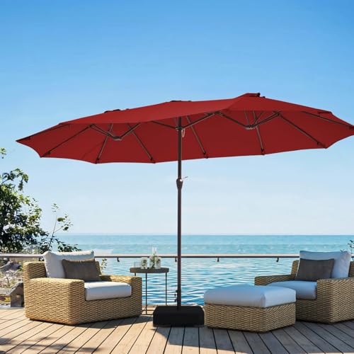 JEAREY 15ft Large Patio Umbrella with Base, Outdoor Rectangle Umbrella Double-Sided Market Umbrella with Stand for Pool, Deck, Backyard and Garden, Red - color: Red