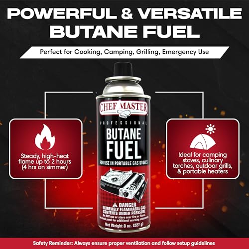 Chef Master 72x 8oz Butane Fuel Canister - Butane Torch Refill & Camp Stove Fuel - Gas Canister for Picnics, Outdoor Cooking, Grilling - Camp Stove, Torch Fuel Camping Essentials - 90340 - size: Pack of 72