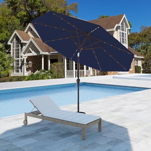 9FT Patio Umbrella with Solar Lights,Outdoor Market Umbrella with Tilt and Crank, LED Lighted Table Umbrella for Garden,Deck,Backyard,Pool,Beach (Navy) - color: Navy