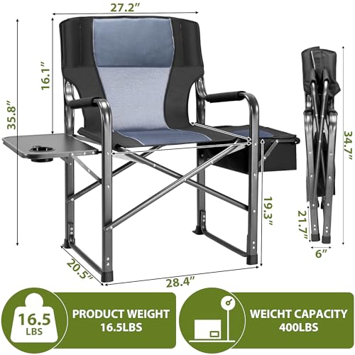 Fenbeli Oversized Folding Director Chair with Side Table and Cooler Bag - Portable Camping Chair with Cup Holder, Padded Armrests, 400LBS Capacity for Outdoor Camping, Lawn, Picnic (Black) - color: Black