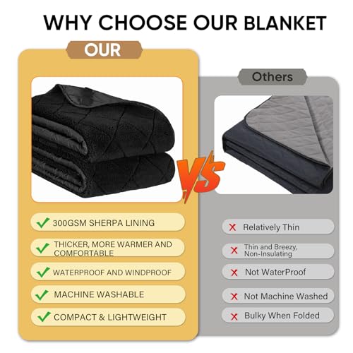 Northroad Waterproof Camping Blanket with Sherpa Lining, Large Windproof Outdoor Blanket for Cold Weather, Light Weight and Warm for Picnic, Stadium, Dog, Concert, 55"x82" (Black, 1PCS) - color: Sherpa Black-300 Gsm, size: 82"x 55"