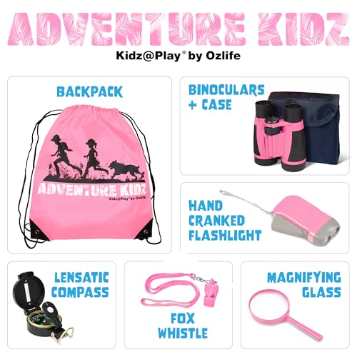 Adventure Kidz - Outdoor Exploration Kit, Children’s Toy Binoculars with Case, Flashlight, Compass, Fox Whistle, Magnifying Glass, Backpack. Great Gift Set for STEM, Pretend Play - color: Pink