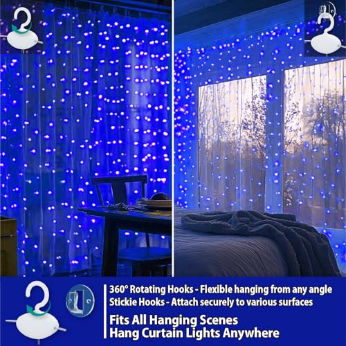 HXWEIYE 300LED Fairy Curtain Lights, 9.8x9.8Ft USB Plug-in 8 Modes Christmas String Hanging Lights with Remote for Bedroom Backdrop Wedding Indoor Wall Decor, Blue, Standard – 1 Pack - color: Blue, size: Standard – 1 Pack