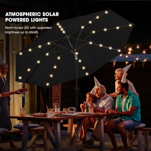 wikiwiki 9FT Solar Led Patio Umbrella with Base Included, 32 LED Lights, 8 Sturdy Ribs, Fade Resistant Waterproof POLYESTER DTY Canopy for Garden, Lawn, Deck, Backyard & Pool, Black - color: Black, size: 9FT