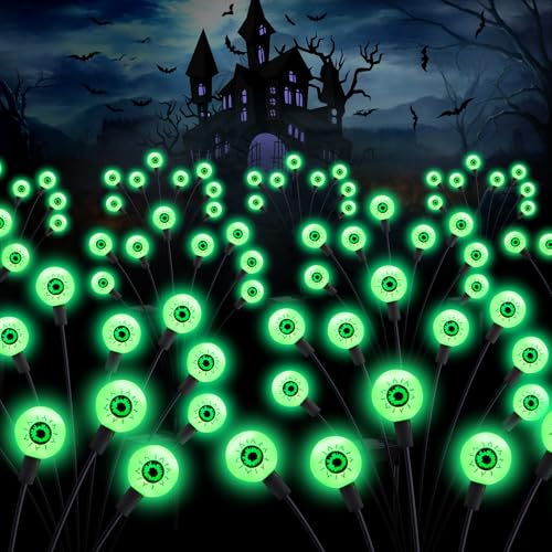ASMAD Scary Solar Eyeball Lights, Waterproof Swaying Firefly Path Lights for Outdoor/Halloween Decorations/Garden/Yard/Patio/Party Decor, Green Eyeball, 4 Pack, 32 LEDs - color: Halloween Decor Lights 4Pack-32LEDs