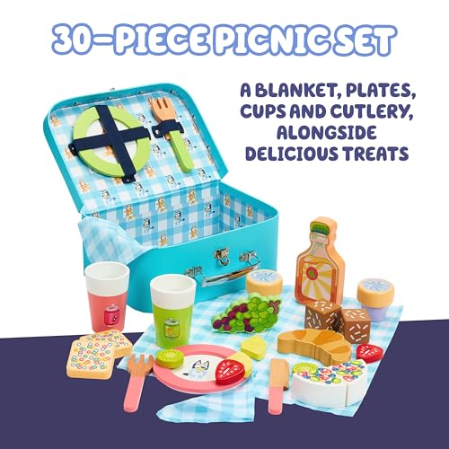 8th Wonder Wooden Bluey Toys Picnic Carrying Case, 30-Piece Picnic Basket Toy with Cutlery and Food Accessories, Outdoor Food Toys for Kids of Ages 3+ - style: Picnic Set