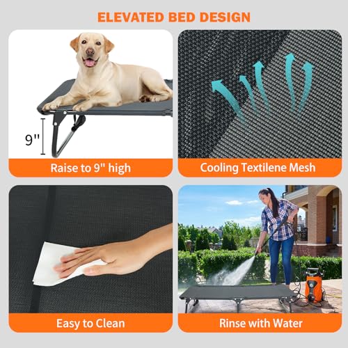 everfront Elevated Dog Bed for Large Pet with No-Slip Feet, Foldable Portable Washable Raised Bed for Indoor&Outdoor Camping Dog Cot, with Cooling Waterproof Breathable Mesh (Large, Black-Textilene) - size: Large-47"x31"x9"