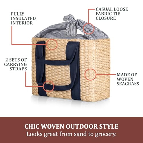Picnic TIME Parisian Picnic Basket, Insulated Seagrass Picnic Basket, Waterproof, Stylish, Perfect for Picnics, Beach, Office Lunches, Dinner Parties, and Gifts (Beige with Navy Blue Accents) - color: Beige With Navy Blue Accents