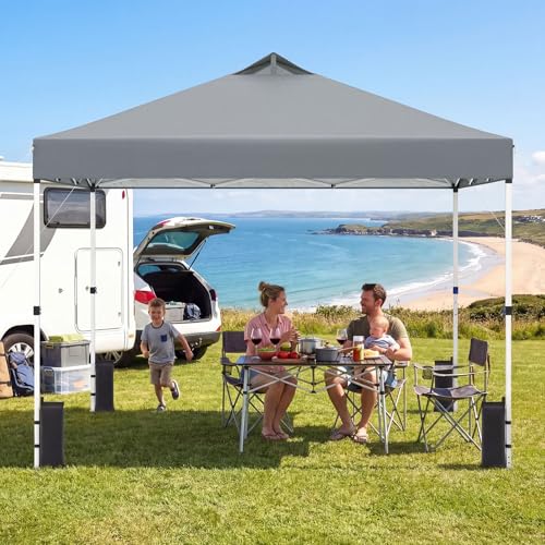 Tangkula 10 x10 Ft Pop Up Canopy with Center Lock, UPF 50+ One-Button Setup Outdoor Canopy Tent with Roller Bag, 4 Sand Bags, Heavy-Duty Steel Frame, 8 Stakes, 4 Ropes for Camping, Picnic - color: Gray