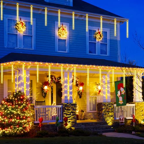 JMEXSUSS 2 Pack Solar Meteor Shower Lights, 16 Tube 288 LED Warm White Meteor Christmas Lights, Solar Powered Waterproof for Outdoor Tree Decorations - color: Warm White, size: 2*144LED