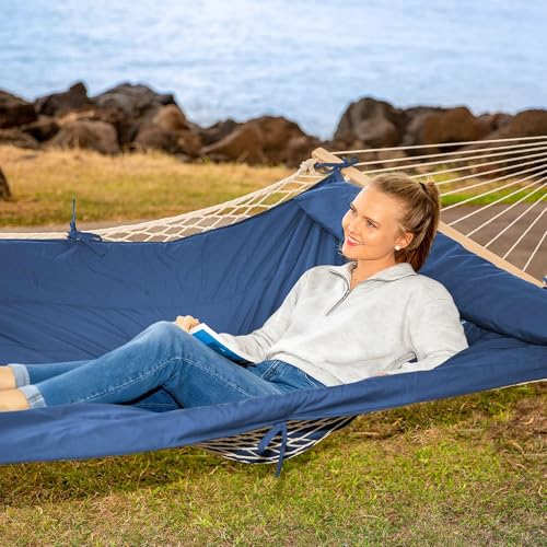 SUNCREAT Hammocks Outdoor Double Hammock with Hardwood Spreader Bar, Heavy Duty Cotton Rope Hammock with Polyester Pad, Dark Blue - color: Dark Blue