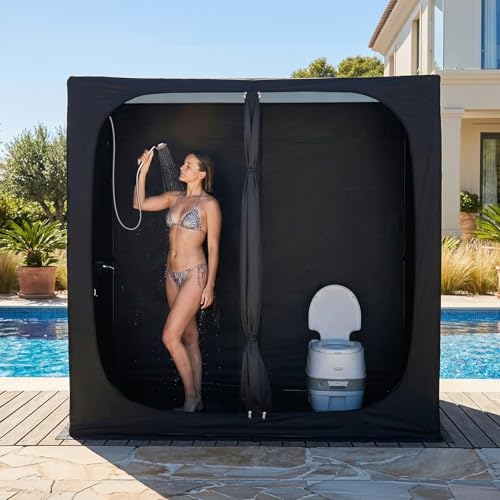EighteenTek® Shower Tent, 2-Room Changing Room, Outdoor Shower Enclosure, Privacy Canopy Shelter with Floor & Doors, Waterproof & Lightweight, Toilet Tent Bathroom for Courtyard, Pool, Photoshoot - color: Black, size: 81"l X 43"w X 81"h
