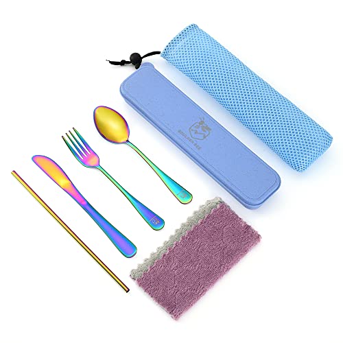 Boulder Bee | Travel Utensils Set | Reusable Camping Cutlery Set | Stainless Steel Flatware Set | Portable Silverware Set with Case | Includes Knife/Fork/Spoon/Straw/Cleaning Cloth/Case (Rainbow) - color: Rainbow