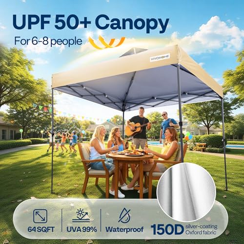 VIVOHOME 8x8ft Pop Up Canopy Tent One Push Setup Outdoor Portable Shelter Tent Heavy Duty with Wheel Carry Bag and 4 Sandbags, Beige - color: Beige, size: 8x8 ft