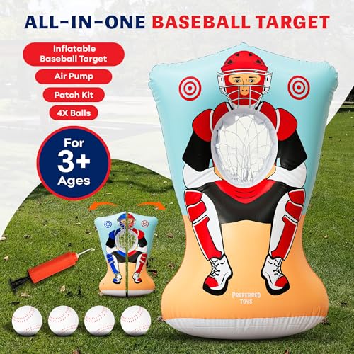 Preferred Toys Inflatable Baseball Pitching Target for Kids 3 and Above - Double-Sided Throwing Toss Game with 4 Soft Balls - Indoor Outdoor Baseball Toys Training Equipment - Red/Blue