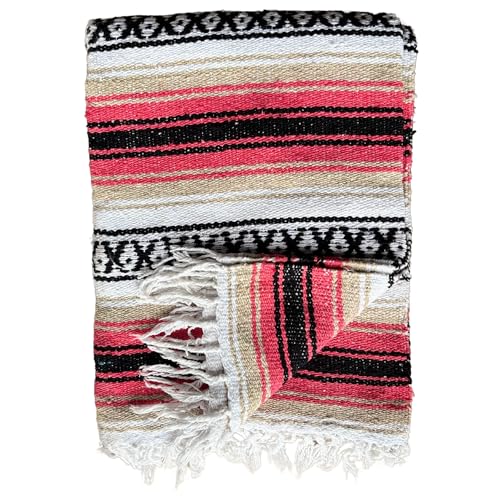 Del Mex Classic Mexican Blanket, Large Authentic Woven Falsa Throw (70"x50"), Artisan Southwest Décor for Beach, Yoga, Outdoors (Pink/Tan) - color: Pink/Tan