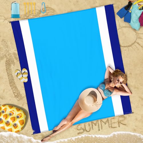 Beach Blanket 78''×110'' Suits 1-7 Adults Waterproof Sandproof Oversized Lightweight Blanket Packable Large Picnic Mat for Beach Travel Camping Picnic Hiking - color: Blue White, size: 78''x110''