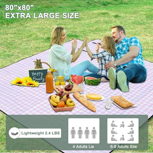 ZUBOND Picnic Blankets Waterproof Sandproof Foldable & Machine Washable, 80''x100'' Extra Large Beach Blankets, Simple Stylish Gingham Outdoor Blankets Grass Lawn Park for Family Camping Party - color: Pink White, size: 6'8" x 8'4" (Rectangular)