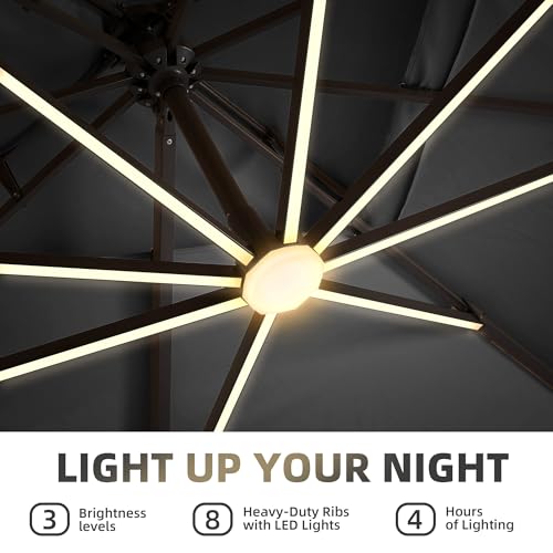 9 X 12 FT Cantilever Patio Umbrella with Led Lights Outdoor Heavy Duty Double Top Rectangle Offset Umbrellas with 360-degree Rotation for Pool Deck Backyard, Grey - color: Grey, size: 9' X12' Only Umbrella(LED)