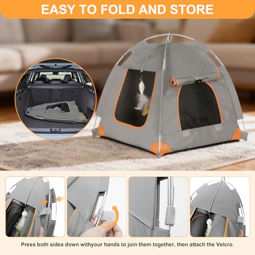 Portable Cat Tent for Indoor & Outdoor Use – UV Protection, Waterproof Pet Tent with Soft Cushion, Feather Toys, Easy Setup, Collapsible Cat House for Cats S