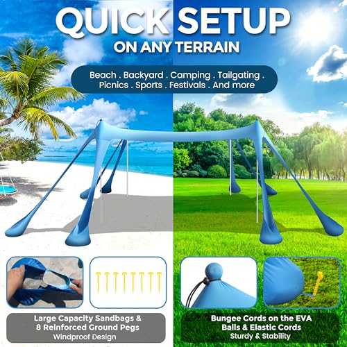 Beach Canopy Beach Tent Pop Up Shade 10x10ft Sun Shelter UPF50+ with 8 Sandbags-2 Sand Shovel-4 Aluminum Poles-Ground Pegs-Portable Carrying Bag for Outdoor Family Camping Fishing Yard Picnic - color: Royal Blue