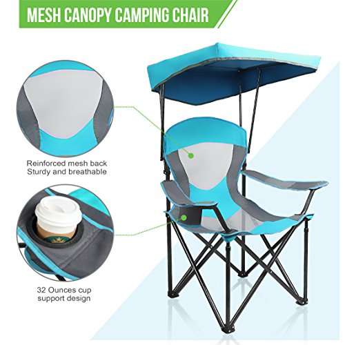ALPHA CAMP Heavy Duty Canopy Camping Chair, 350 lbs Capacity Oversized Folding Chair with Adjustable Sunshade, Portable Sunshade Chair with Cup Holder for Beach, Fishing, Outdoor - color: Enamel Blue