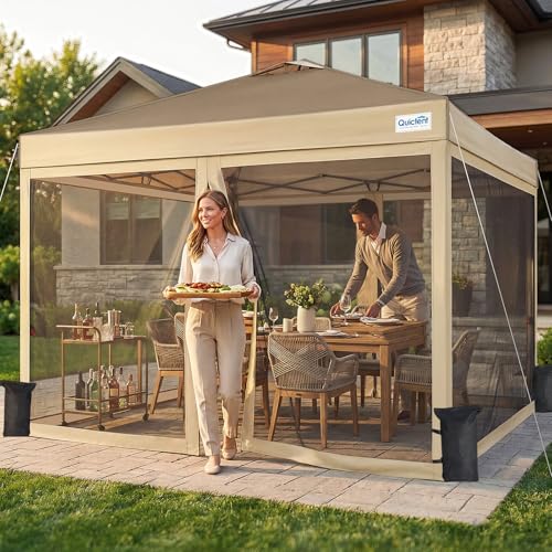 Quictent 10x10 Pop up Canopy Tent with Netting, Auto-Close Magnetic Doors, One Person Instant Setup Screen House Room Tent Screened Waterproof - color: Khaki, size: 10'x10'