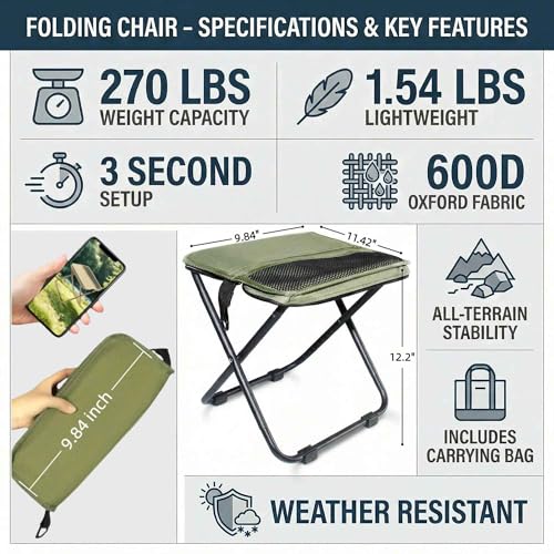 COMELY Camping Stool Folding Chair: All-Terrain Pocket Stool, 4 Anti-Sink Feet Stability, 270Lbs Capacity & 3s Setup, 600D Oxford Durable Seat. 5000 Cycle Tested for Rugged Sites Experienced Campers. - color: Khaki-2 Sets