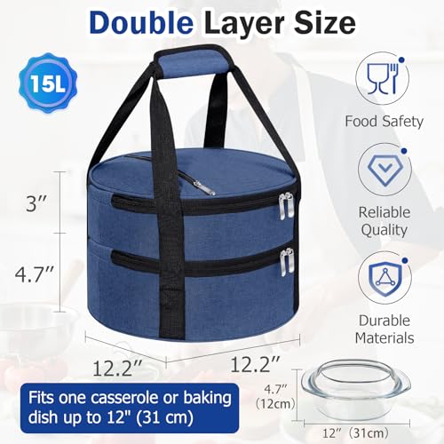 Round Double Insulated Casserole Carrier – 12" Portable Pie Carrier Bag for Hot or Cold Food, Leakproof Thermal Lunch Tote with Handle for Parties Picnic & Travel - Navy Blue - color: Navy Blue, size: Double