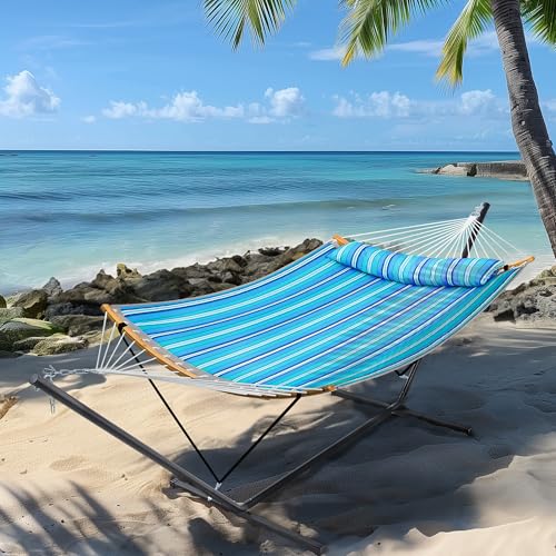 SUPERJARE Hammock with Stand, 2 Person Heavy Duty Hammock with Padded Cotton, Detachable Pillow & Strong Curved-Bar & Portable Carrying Bag, Perfect for Outdoor & Indoor, Aqua Blue - color: Aqua Blue