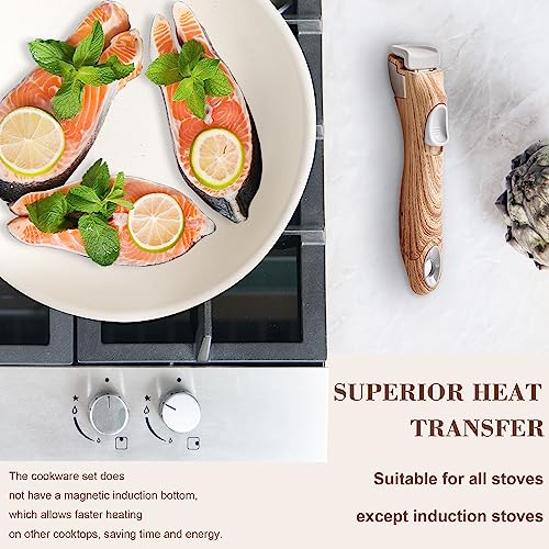 Nonstick Cookware Set - YIIFEEO Stackable Pots and Pans Set Detachable Handle Camping Cookware Granite Kitchen Cookware Sets Removable Handle, Non Toxic Nonstick Frying Pans for Cooking Set Gift Beige - color: A Ivory White