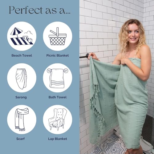 InfuseZen Stonewashed Turkish Bath & Beach Towel –100% Organic Turkish Cotton - Soft, Lightweight, Absorbent - Quick Dry, Sand Free - Pool, Shower, Travel - Peshtemal, Hammam Spa Towel - Light Green - color: Light Green