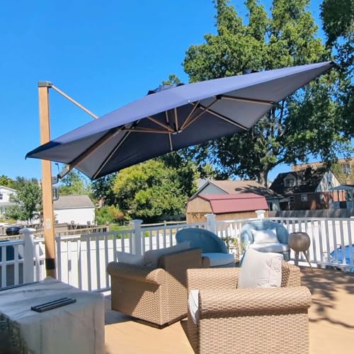 PURPLE LEAF 9FT Patio Umbrella Square Cantilever Umbrella Teak Finished Aluminum Frame Large Windproof Offset Outdoor Sun Umbrellas for Beach Pool Deck, Navy Blue - color: Navy Blue / Umbrella Only, size: 9' X 9'