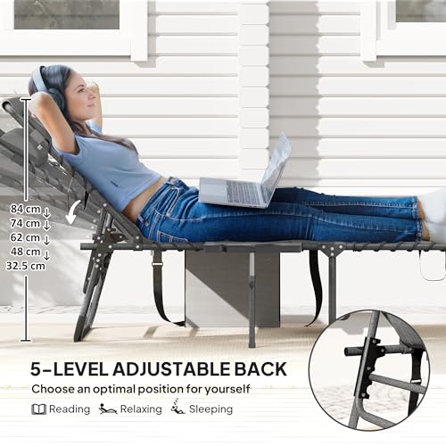 Outsunny Folding Chaise Lounge Chair Outdoor Tanning Chair with Side Table, 5-Level Adjustable Beach Lounge Chair with Headrest, Side Pocket for Patio, Backyard, Beach, Poolside, Gray - color: Grey