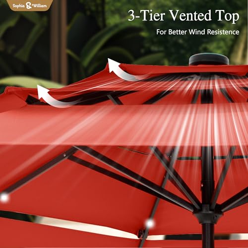 Sophia & William 10ft Patio Umbrellas 3-Tier Umbrella Outdoor Patio Umbrellas with Lights Vented Top 24 LED lights Adjustable Tilt for Pool Garden Backyard, Red - color: Red
