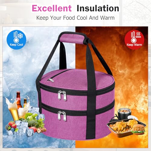 Round Double Insulated Casserole Carrier – 12" Portable Pie Carrier Bag for Hot or Cold Food, Leakproof Thermal Lunch Tote with Handle for Parties Picnic & Travel - Rose Red - color: Pink, size: Double