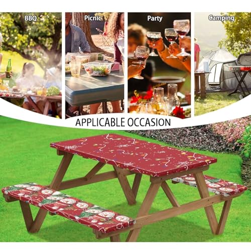 3 PCS Fitted Picnic Table Cover with Bench Cover Fitted Rectangle Tables and Seats Christmas Lights Snowmen Outdoor Picnic Table Cover for Camping - color: Christmas Lights and Snowmen, size: Small