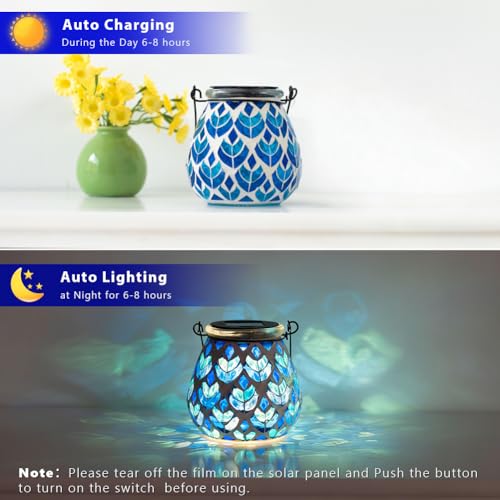 Stargarden Mosaic Solar Lanterns, Table Lamp for Garden ,Patio,Yard Decor Blue Glass Hanging Lantern Waterproof Outdoor Hanging Solar Lights - color: Blue