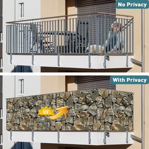 Shade&Beyond Customized 4FT X 25FT Privacy Fence Screen 450 GSM PVC Printed Privacy Fence with Zip Ties for Courtyards, Pools, Balconies-Stone - color: Stone pattern, size: 0 4' x 2 5'
