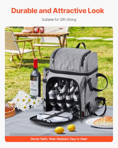 VEVOR Picnic Backpack, Beach Picnic Backpack Bag for 4 Person with Insulated Cooler Compartment, Detachable Bottle/Wine Holder, Lightweight Blanket, Plates and Cutlery Set for Hiking & Camping, Grey - size: double layer for 4 & gray